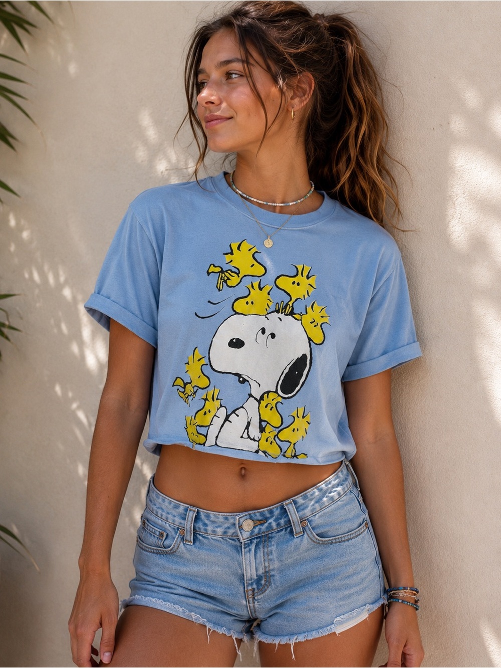 Snoopy Woodstock Blue Cropped Graphic Tee | Women’s Small | Peanuts Crop Top